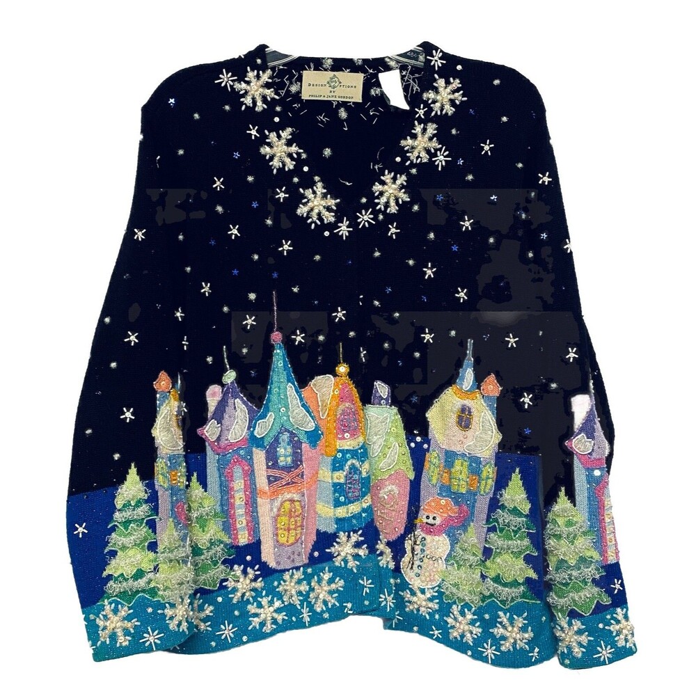 Design Options Sweater Philip Jane Gordon Cardigan Black w Winter Scene XL
